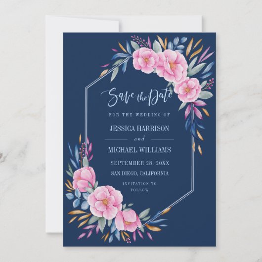 Navy Blush Pink Floral Waterverf Monogram bruiloft Save The Date (Voorkant)