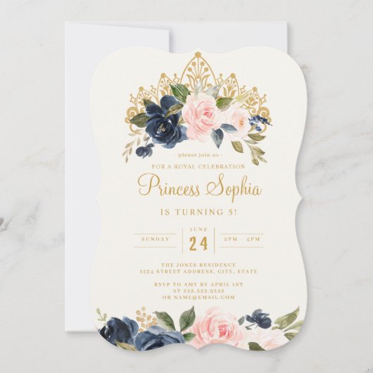 Navy Blush Princess Tiara Verjaardag Kaart (Voorkant)