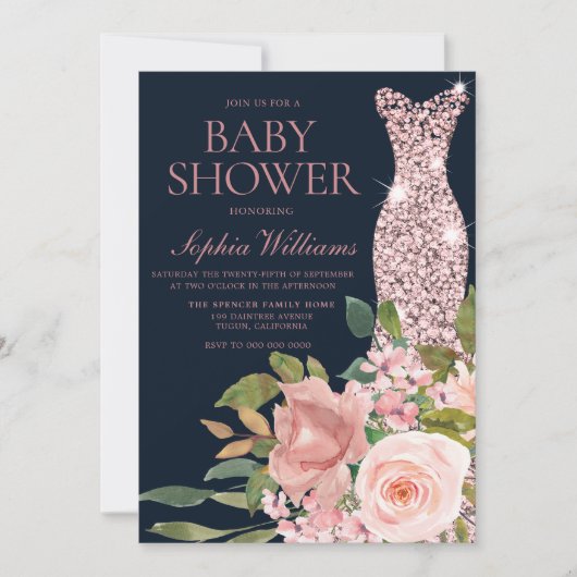 Navy & Blush Roos Gold Dress Floral Baby shower Kaart (Voorkant)