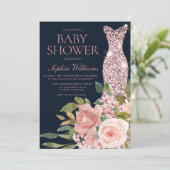 Navy & Blush Roos Gold Dress Floral Baby shower Kaart (Staand voorkant)