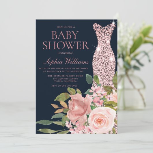 Navy & Blush Roos Gold Dress Floral Baby shower Kaart (Staand voorkant)
