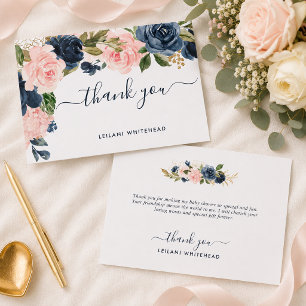 Navy Blush Roze Baby Shower Bloemen Bedankkaart
