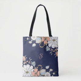 Navy Blush Roze Blauw Bloemen Gepersonaliseerd Tote Bag