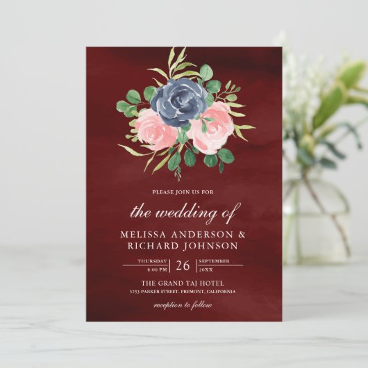 Navy Blush Roze Bloemen Alles in één Bourgondische Kaart (Staand voorkant)