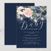 Navy Blush Roze Bloemen Baby in Bloom Baby shower Kaart (Voorkant / Achterkant)