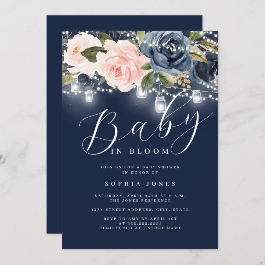 Navy Blush Roze Bloemen Baby in Bloom Baby shower Kaart (Voorkant / Achterkant)