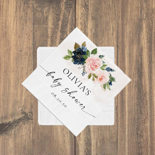 Navy & Blush Roze Bloemen Baby shower Papier Serve Servet