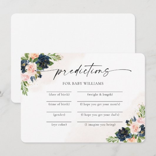 Navy & Blush Roze Bloemen Baby Voorspellingen Kaar Kaart (Voorkant / Achterkant)