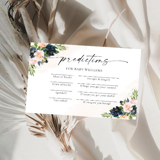 Navy & Blush Roze Bloemen Baby Voorspellingen Kaar Kaart