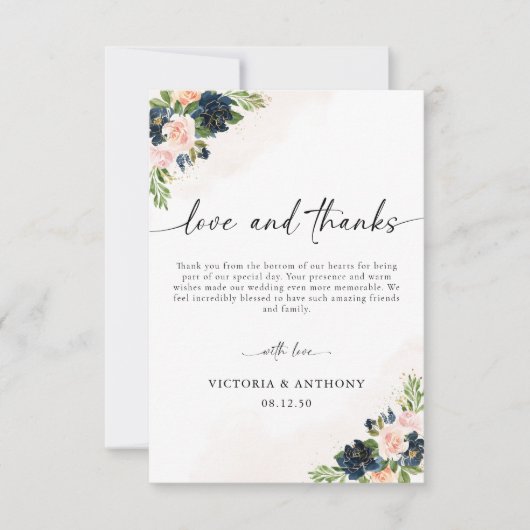 Navy & Blush Roze Bloemen Bruiloft Dank u Kaarten (Voorkant)