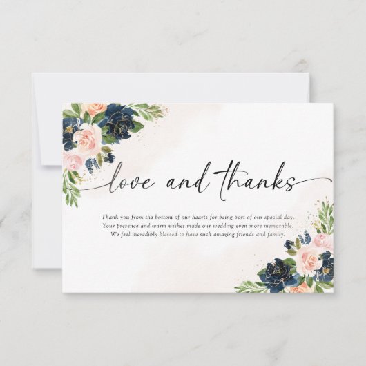 Navy & Blush Roze Bloemen Bruiloft Dank u Kaarten (Voorkant)