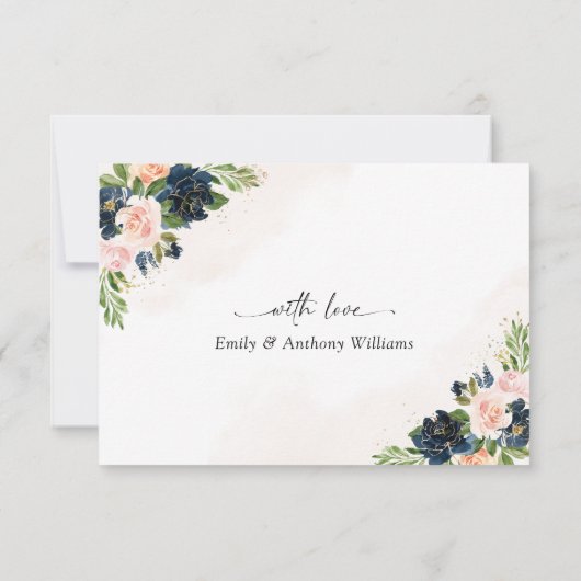 Navy & Blush Roze Bloemen Bruiloft Dank u Kaarten (Achterkant)