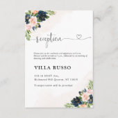 Navy & Blush Roze Bloemen Bruiloft Receptie Kaart (Voorkant)