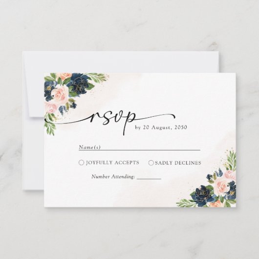 Navy & Blush Roze Bloemen Bruiloft RSVP Kaart (Voorkant)