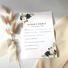 Navy & Blush Roze Bloemen Bruiloft RSVP Kaart