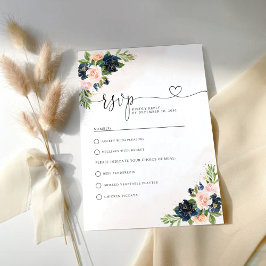 Navy & Blush Roze Bloemen Bruiloft RSVP Kaart
