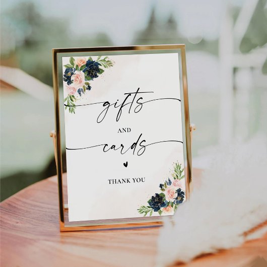 Navy & Blush Roze Bloemen Geschenken en Kaarten Te Reclamebord Met Voetstuk
