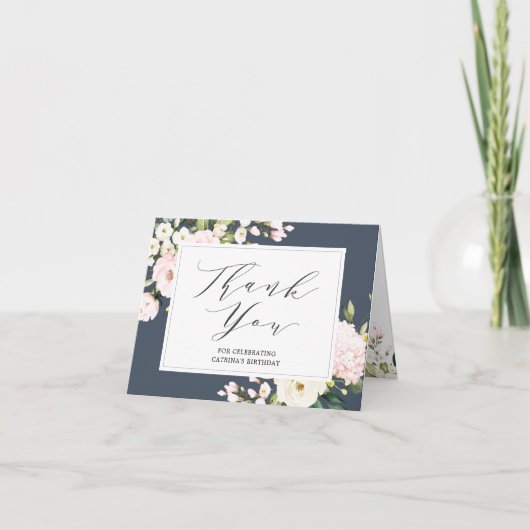 Navy & Blush Roze Bloemen Gevouwen Dank u kaart (Voorkant)