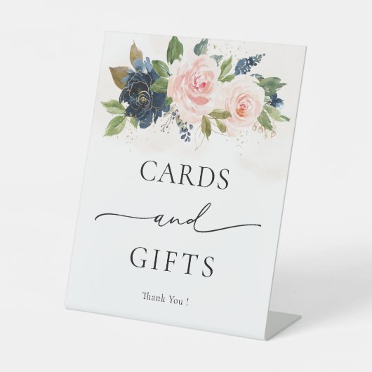 Navy & Blush Roze Bloemen Kaarten en geschenken te Reclamebord Met Voetstuk (Voorkant)