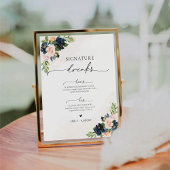 Navy & Blush Roze Bloemen Signature Drinken Sign Reclamebord Met Voetstuk