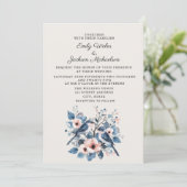 Navy Blush Roze Bloemen Vogels Huwelijk Kaart (Staand voorkant)