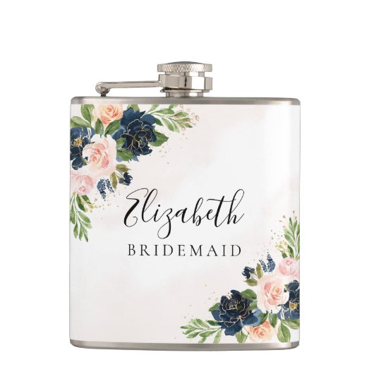 Navy & Blush Roze Bloemen Vrijgezellenfeest Flask Heupfles (Voorkant)
