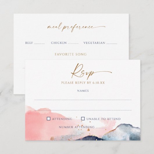 Navy Blush Roze Bruiloft Maaltijd Keuze & Liedje RSVP Kaartje (Voorkant / Achterkant)