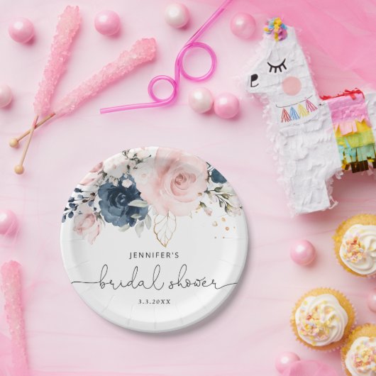 Navy blush roze floral vrijgezellenfeest papieren bordje (Feest)