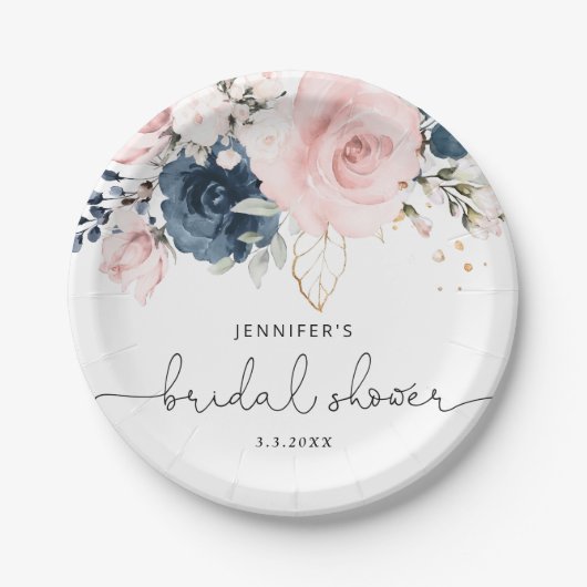 Navy blush roze floral vrijgezellenfeest papieren bordje (Voorkant)