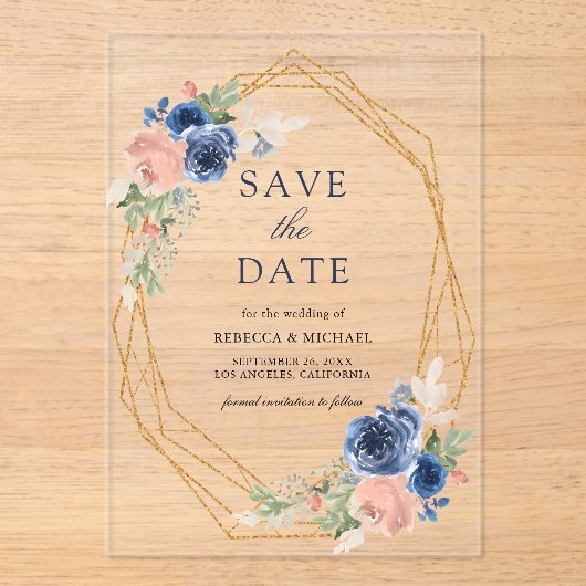 Navy Blush Roze Geometrische Huwelijk Save the Dat Acryl Uitnodigingen (Voorkant)