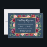 Navy Blush Roze Goud Bourgondië Bruiloft RSVP Kaar Kaartje<br><div class="desc">Navy Blush Pink Gold Burgundy Wedding RSVP-Kaarten - zijn voorzien van een mix van rozen,  pioenen en andere waterverf in de tinten marsala,  pruim paarse,  bordeaux en blos roze op een marineblauwe achtergrond.</div>