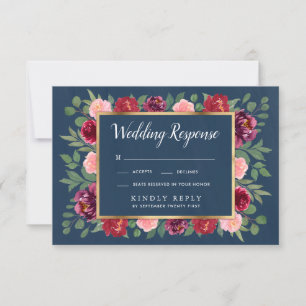 Navy Blush Roze Goud Bourgondië Bruiloft RSVP Kaar Kaartje