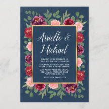 Navy Blush Roze Goud Bourgondië Bruiloft Uitnodigi