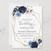 Navy Blush Roze Gouden Bloemen Gouden Lijst Huweli Kaart (Voorkant)