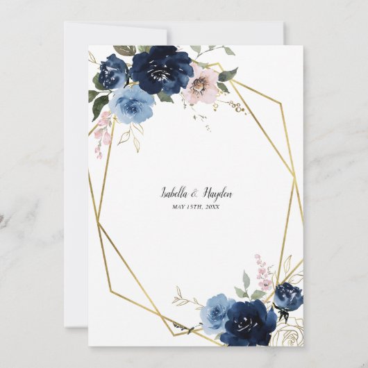 Navy Blush Roze Gouden Bloemen Gouden Lijst Huweli Kaart (Achterkant)