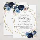 Navy Blush Roze Gouden Bloemen Gouden Lijst Huweli Kaart (Voorkant / Achterkant)