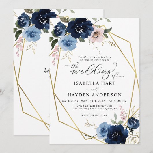 Navy Blush Roze Gouden Bloemen Gouden Lijst Huweli Kaart (Voorkant / Achterkant)