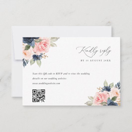 Navy blush roze QR code bruiloft RSVP kaart (Voorkant)