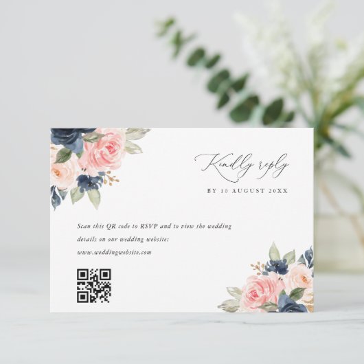 Navy blush roze QR code bruiloft RSVP kaart (Staand voorkant)