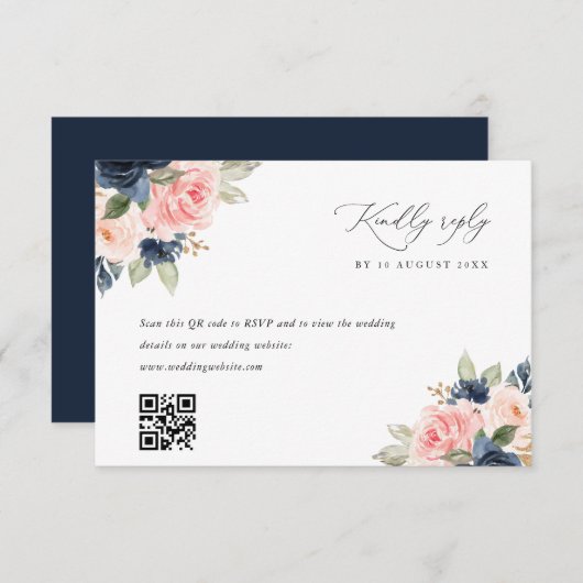 Navy blush roze QR code bruiloft RSVP kaart (Voorkant / Achterkant)