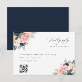 Navy blush roze QR code bruiloft RSVP kaart