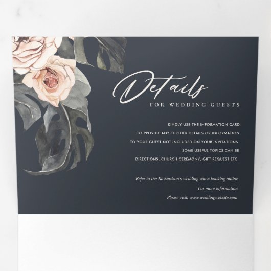 NAVY BLUSH RUST MONSTERA FLORA WATERVERF WEDING DRIELUIK UITNODIGING (Binnenzijde eerst)