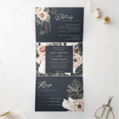 NAVY BLUSH RUST MONSTERA FLORA WATERVERF WEDING DRIELUIK UITNODIGING (Binnen)