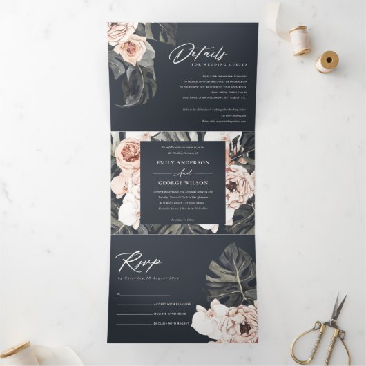 NAVY BLUSH RUST MONSTERA FLORA WATERVERF WEDING DRIELUIK UITNODIGING (Binnen)