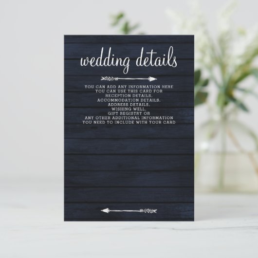 Navy Blush schuur hout bloemenrustieke bruiloft Informatiekaartje (Staand voorkant)