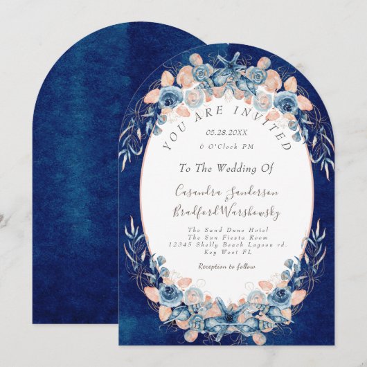 Navy Blush  Strand Waterverf Schelp Bloem Bruiloft Kaart (Voorkant / Achterkant)