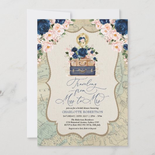 Navy Blush Travel Adventure Vrijgezellenfeest Kaart (Voorkant)