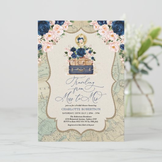 Navy Blush Travel Adventure Vrijgezellenfeest Kaart (Staand voorkant)