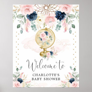 Navy Blush Travel Dreamweaver Welcome Baby shower Poster