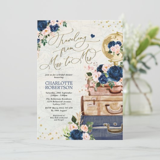 Navy Blush Travel Vrijgezellenfeest Miss to Mrs. Kaart (Staand voorkant)